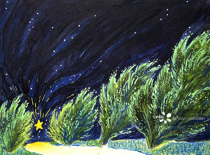 星星降落，手绘水彩插画，天空，公园，树木，风，场景，户外，黑夜。图片素材
