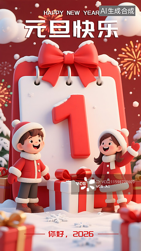 【AI数字艺术】元旦3D卡通日历海报模板图片素材