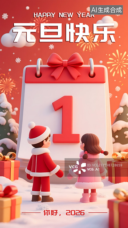 【AI数字艺术】元旦3D卡通日历海报模板图片素材