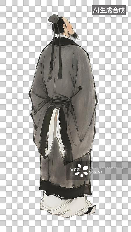 【AI数字艺术】一个古人站着背手远眺水墨风格插画元素图片素材