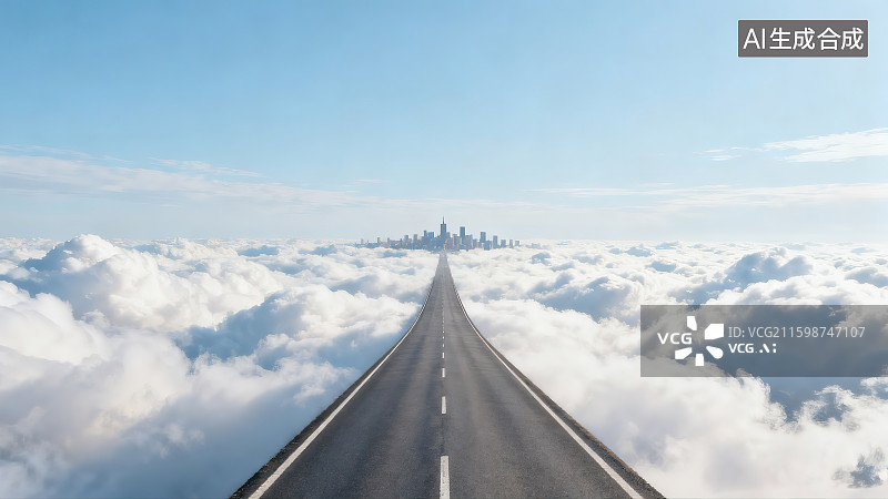 【AI数字艺术】城市天际线云海与道路风光图片素材