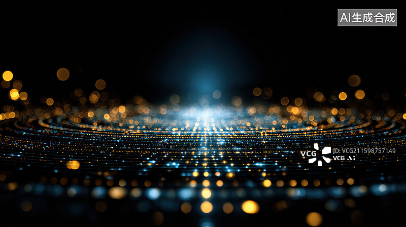 【AI数字艺术】创意抽象商业背景蓝色金色圆形舞台配发光线条和散景效果未来科技背景夜生活酒吧场景年会金色光路通向无限隧图片素材