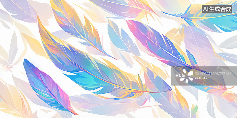 【AI数字艺术】充满活力俏皮羽毛图案彩色羽毛空中漂浮柔和灰色渐变背景散景梦幻无缝设计壁纸包装装饰图片素材