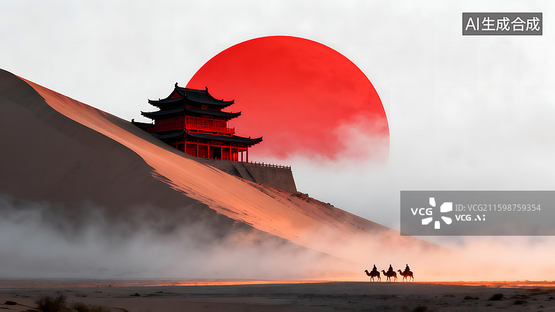 【AI数字艺术】沙丘浓雾红黑古建、红悬日与驼队图片素材