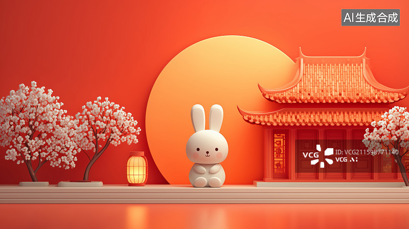 【AI数字艺术】兔子站在传统建筑前的节日场景图片素材