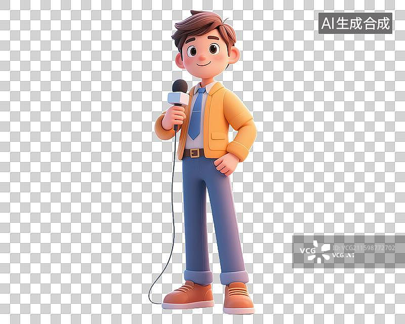 【AI数字艺术】年轻男生拿着话筒麦克风工作采访演说演讲 记者节劳动节现代职业IP形象造型 3D三维卡通创意插画透明无图片素材