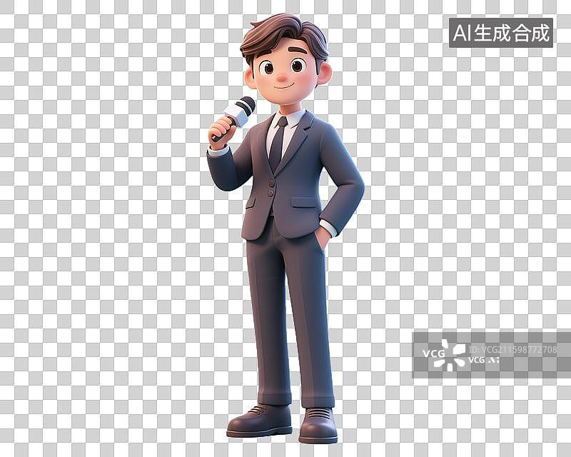 【AI数字艺术】年轻男生拿着话筒麦克风工作采访演说演讲 记者节劳动节现代职业IP形象造型 3D三维卡通创意插画透明无图片素材