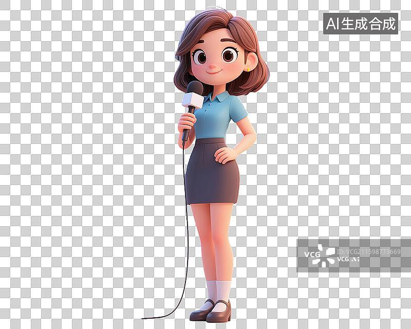 【AI数字艺术】年轻女生拿着话筒麦克风工作采访演说演讲 记者节劳动节现代职业IP形象造型 3D三维卡通创意插画透明无图片素材