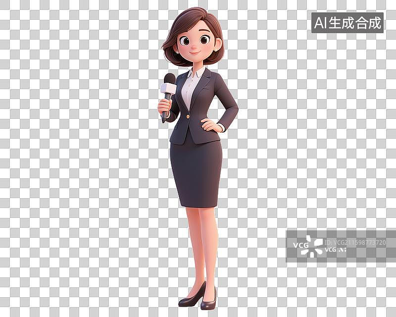 【AI数字艺术】年轻女生拿着话筒麦克风工作采访演说演讲 记者节劳动节现代职业IP形象造型 3D三维卡通创意插画透明无图片素材