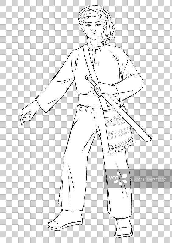 56民族，云南少数民族景颇族，线稿。图片素材