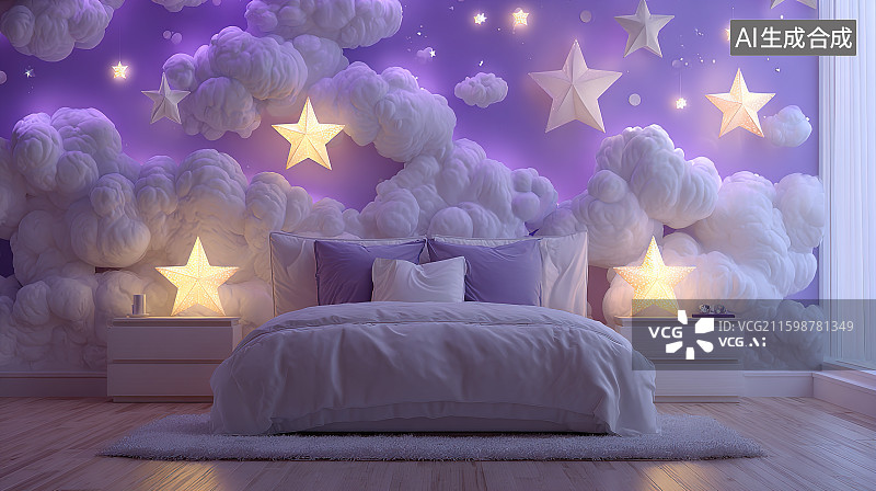 【AI数字艺术】粉色梦幻云朵星星卧室艺术图片素材