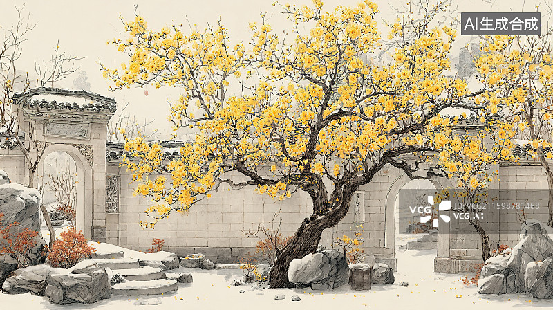 【AI数字艺术】国风梅花雪景庭院绘画图片素材