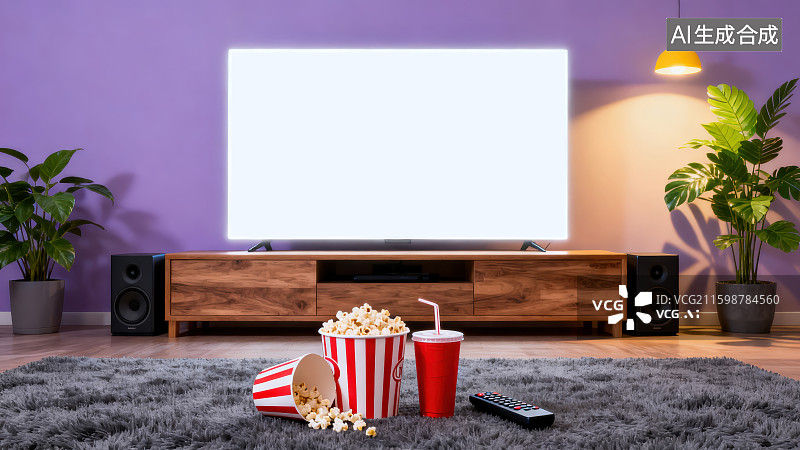 【AI数字艺术】客厅地毯上放着电视遥控器和爆米花可乐，客厅家庭影院场景图片素材