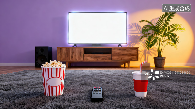 【AI数字艺术】客厅地毯上放着电视遥控器和爆米花可乐，客厅家庭影院场景图片素材