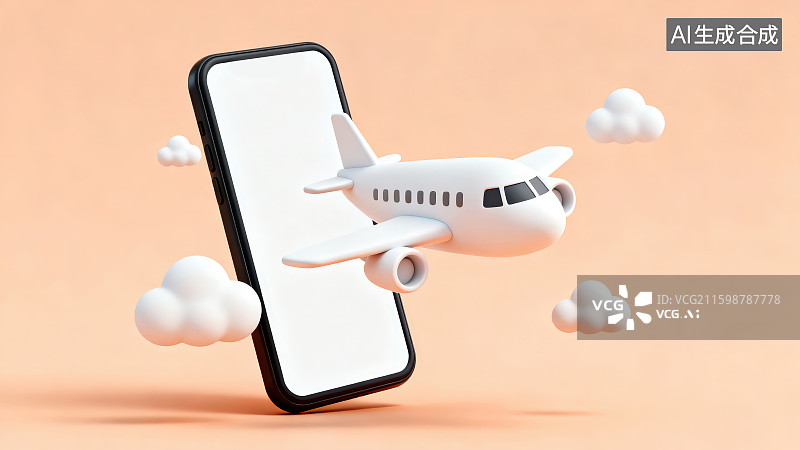 【AI数字艺术】橙黄色背景下悬浮着的黑框白色屏幕智能手机模型旁边有卡通白色飞机和云朵，节假日出行与旅游旅行主题概念图片素材