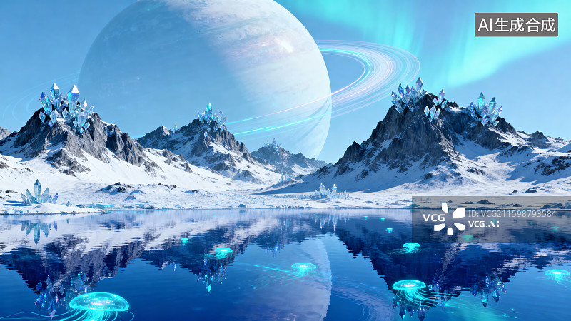 【AI数字艺术】冰封星球上的奇幻湖景图片素材