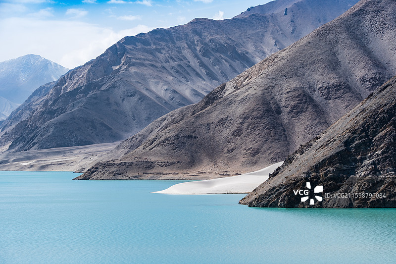 新疆克孜勒苏柯尔克孜白沙湖风光，蓝天白云下的碧绿湖面与黑白沙山图片素材