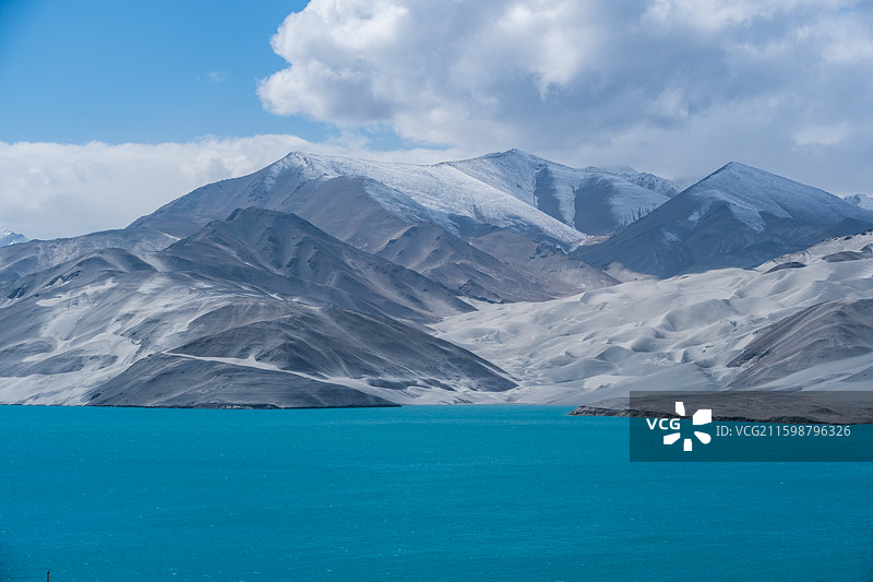 新疆克孜勒苏柯尔克孜白沙湖风光，蓝天白云下的碧绿湖面与黑白沙山图片素材