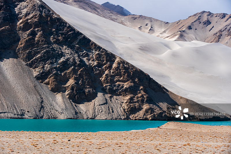 新疆克孜勒苏柯尔克孜白沙湖风光，蓝天白云下的碧绿湖面与黑白沙山图片素材