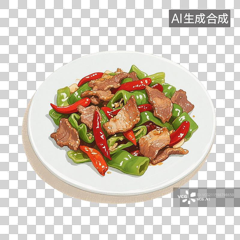 【AI数字艺术】手绘插画，家常菜，下饭菜，青椒炒肉，青椒炒肉片，青椒，猪肉，炒菜，免抠元素图片素材