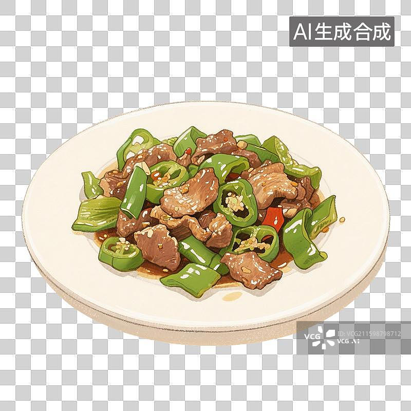 【AI数字艺术】手绘插画，家常菜，下饭菜，青椒炒肉，青椒炒肉片，青椒，猪肉，炒菜，免抠元素图片素材
