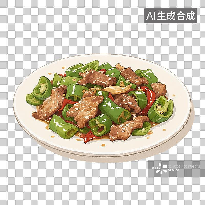 【AI数字艺术】手绘插画，家常菜，下饭菜，青椒炒肉，青椒炒肉片，青椒，猪肉，炒菜，免抠元素图片素材
