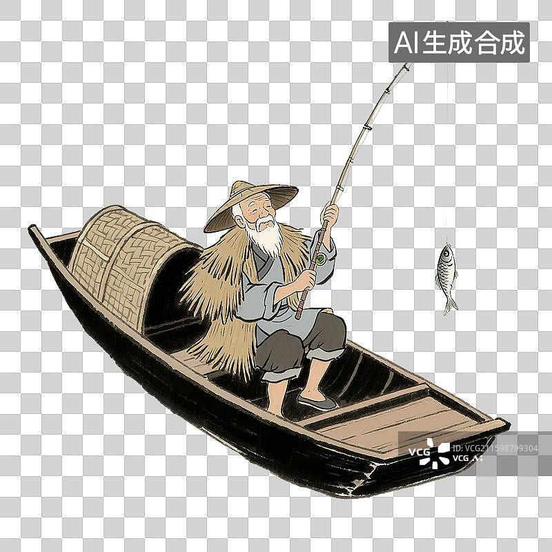 【AI数字艺术】中国风手绘插画，孤舟蓑笠翁，独钓寒江雪，船上钓鱼的古代老人，免抠元素图片素材