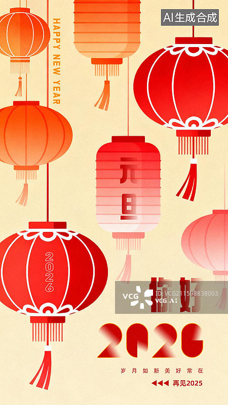 【AI数字艺术】2026元旦中国风灯笼海报素材图片素材