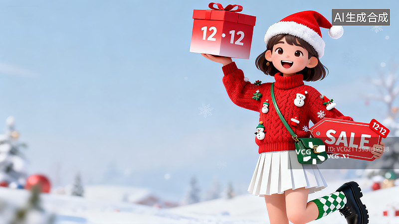 【AI数字艺术】双十二圣诞风促销卡通女孩素材图片素材