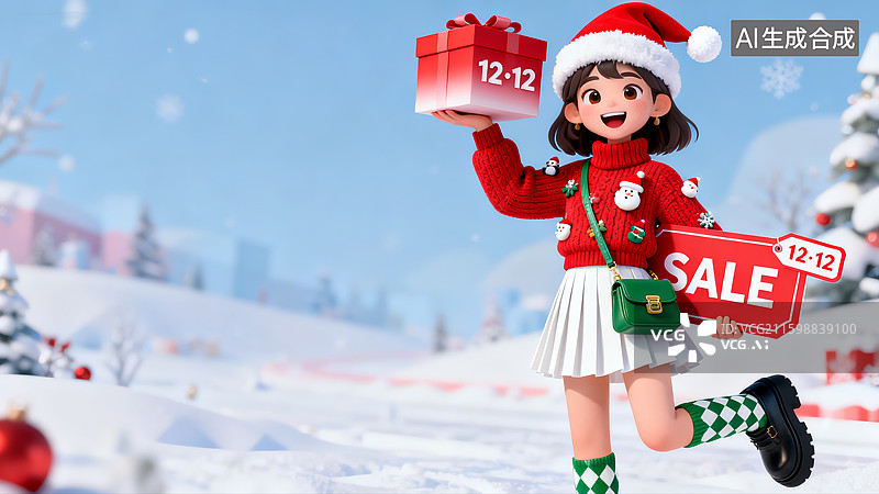 【AI数字艺术】双十二圣诞风促销卡通女孩素材图片素材