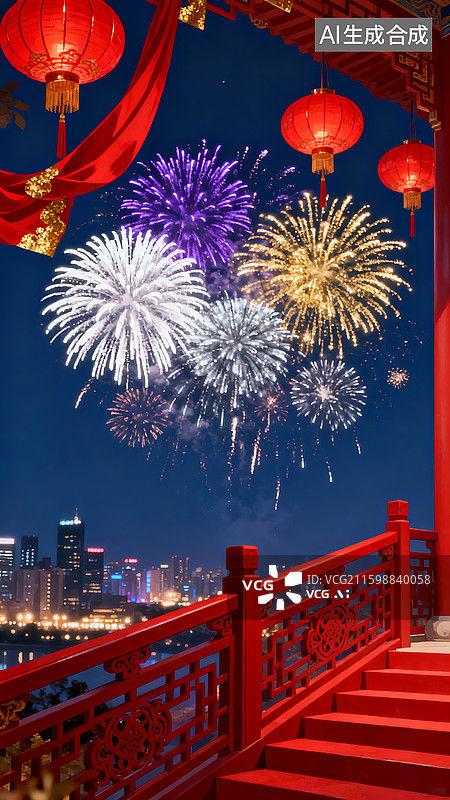 【AI数字艺术】中国风烟花夜景中式建筑喜庆素材图片素材