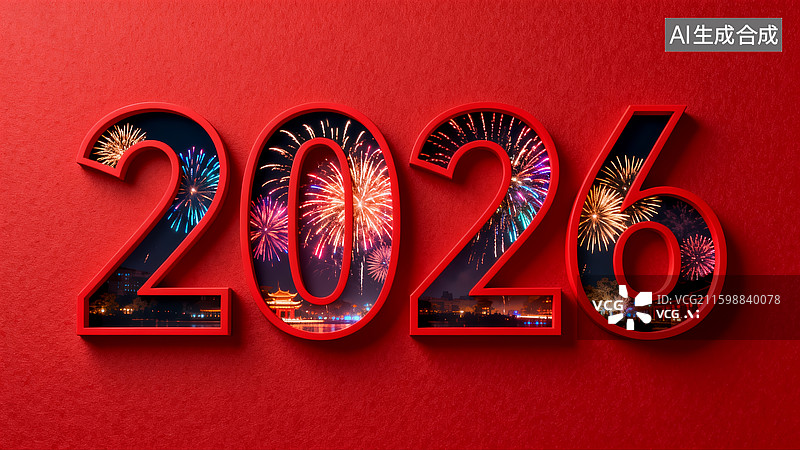 【AI数字艺术】2026元旦红色烟花镂空创意背景素材图片素材