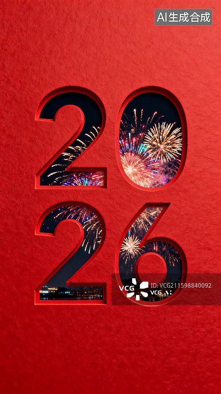 【AI数字艺术】2026元旦红色烟花镂空创意背景素材图片素材