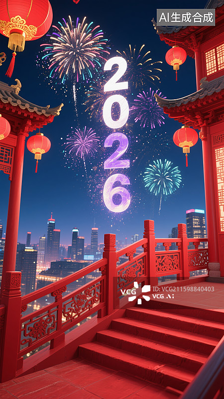 【AI数字艺术】2026中国风新年烟花楼阁夜景素材图片素材