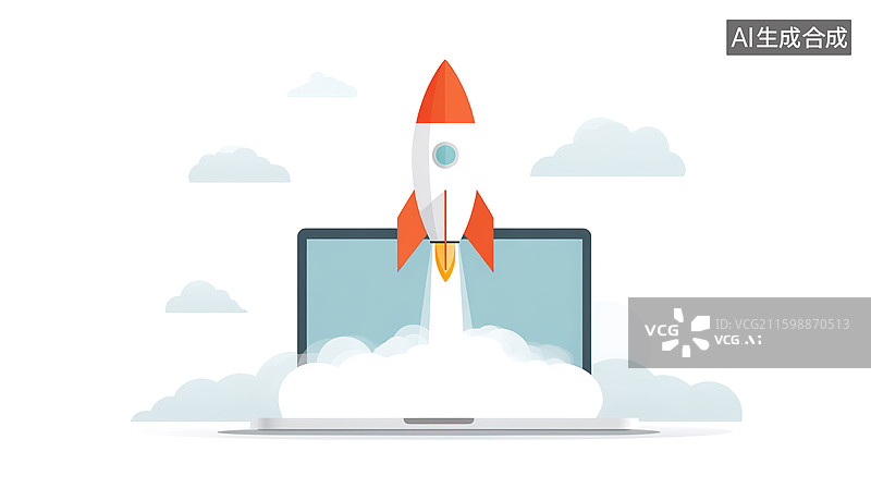 【AI数字艺术】飞出电脑的小火箭和创意创造概念图片素材