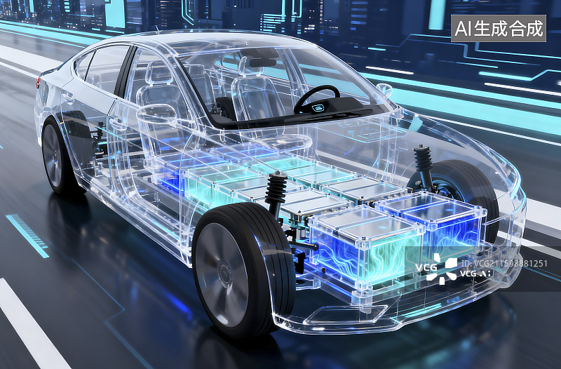 【AI数字艺术】透明电动汽车展示电池系统图片素材