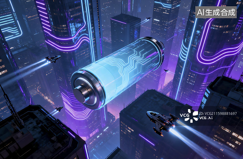 【AI数字艺术】未来都市中的发光电池与飞行器图片素材