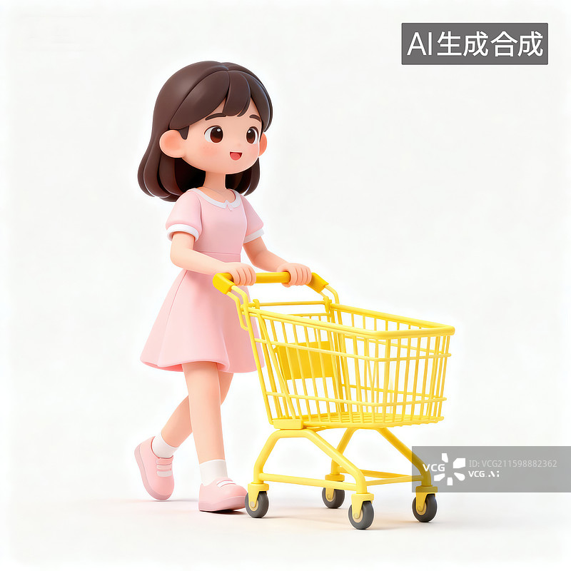 【AI数字艺术】可爱卡通女孩推购物车图片素材