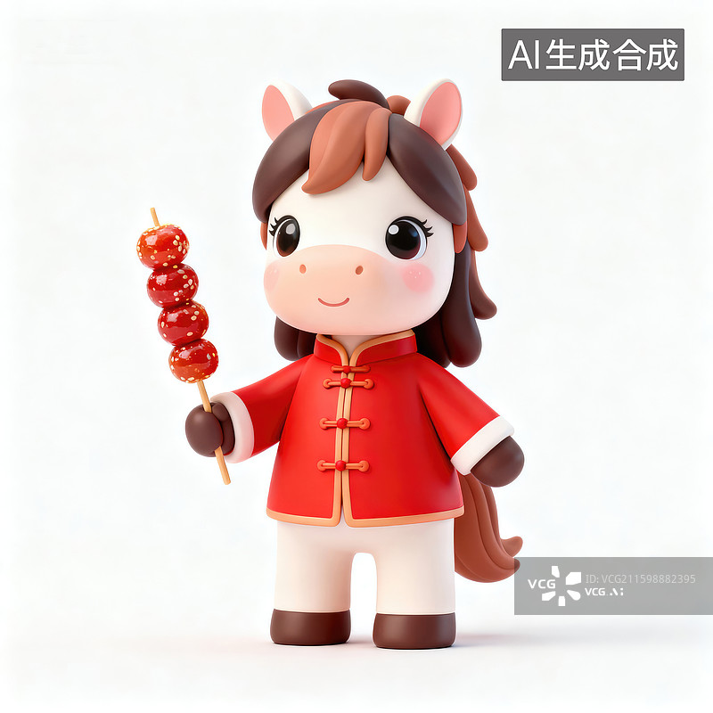 【AI数字艺术】手持糖葫芦的可爱卡通小马图片素材