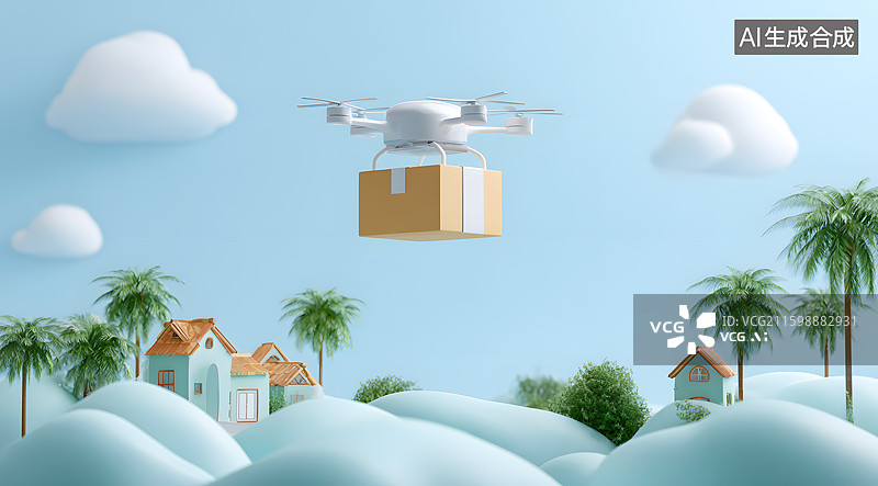 【AI数字艺术】一个卡通无人机飞行器正在配送包裹图片素材
