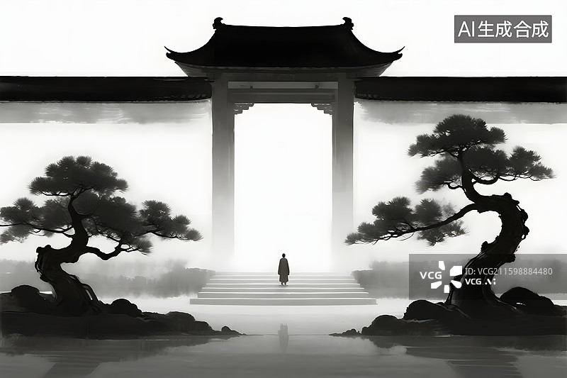 【AI数字艺术】中国禅意水墨风建筑与人图片素材
