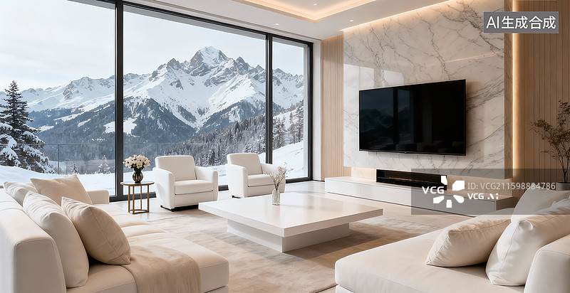 【AI数字艺术】雪山下的起居室样板间场景图片素材