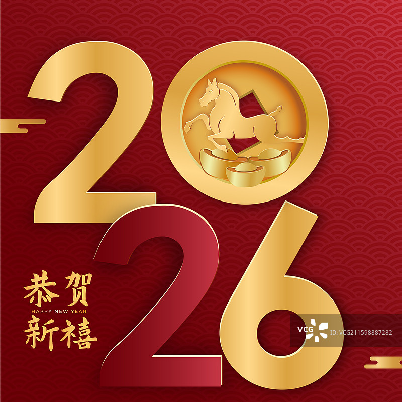 2026年马年 矢量中国新年元旦祝福贺卡 2026金色立体字体与奔跑在黄金里的马设计 海报模版 方形图片素材