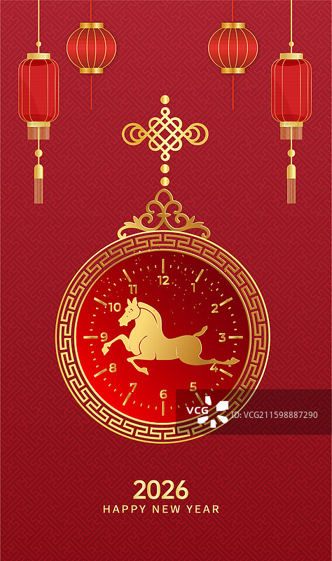 2026年马年 矢量中国新年祝福贺卡年画海报模版 奔跑在时钟里的马 竖版图片素材