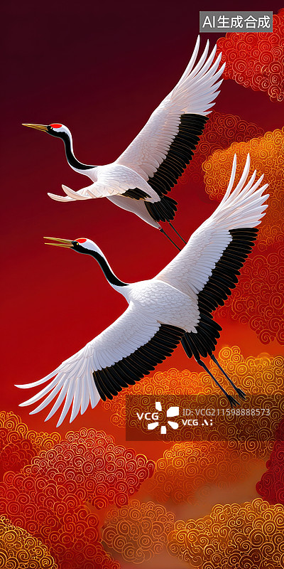 【AI数字艺术】两只丹顶鹤飞翔在彩云间图片素材