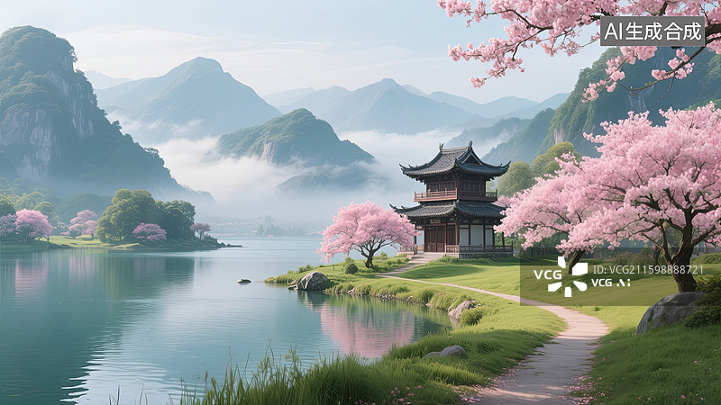 【AI数字艺术】绝美春日东方山水画卷图片素材