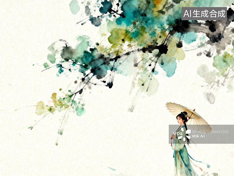 【AI数字艺术】水墨画卷中的持伞女子图片素材
