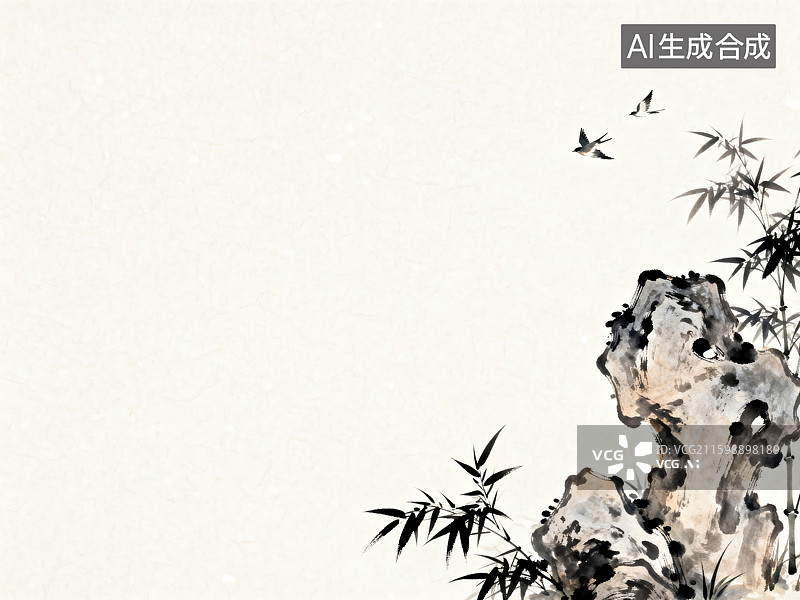【AI数字艺术】传统水墨竹石飞鸟图图片素材