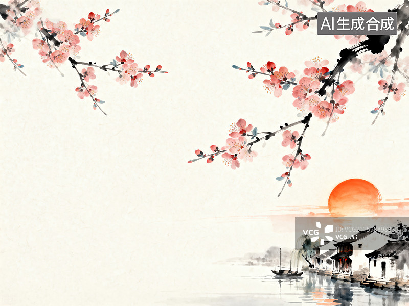 【AI数字艺术】传统中式山水桃花桥景图片素材