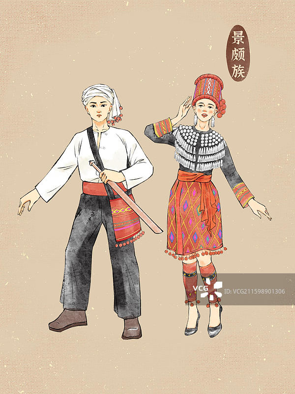 男女双人56民族，云南景颇族拉祜族傈僳族纳西族佤族。图片素材